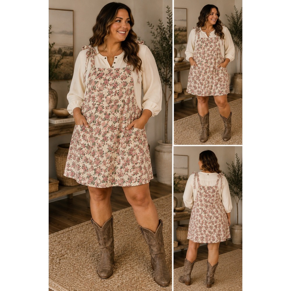 Arula Pinafore Dress Floral Rose Corduroy Cottagecore Pink Cream Size A (1X)